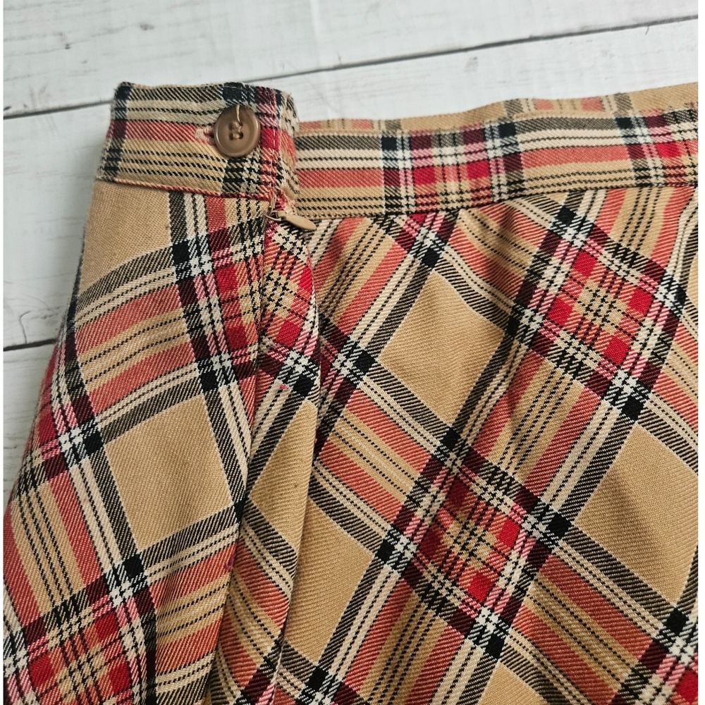 Sag Harbor Plaid Midi Skirt Womens 16 Tan Red Black Bias Cut Lined Elastic Waist - Picture 7 of 9